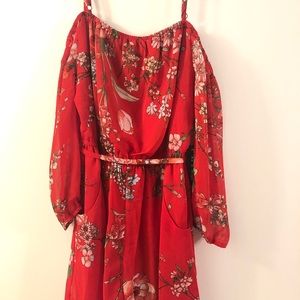 Cold shoulder, red floral romper